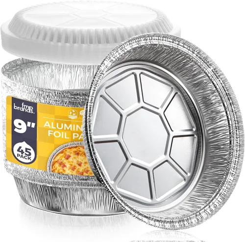 Fit Meal Prep Paquete de 45 sartenes redondas de papel de aluminio de 9 pulgadas con tapas de cúpula transparentes, latas para tartas desechables de