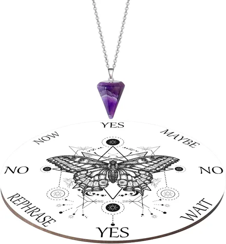 Vista 8 de Blulu Juego de Tablero de Péndulo de Madera para Radiestesia y Adivinación, Tablero Metafísico con Collar de Péndulo de Cristal Divino