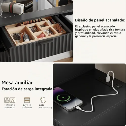 Vista 7 de Escritorio de maquillaje acanalado con espejo y luces, tocador blanco moderno de 42 pulgadas para espacios pequeños, tocador blanco con 5 cajones