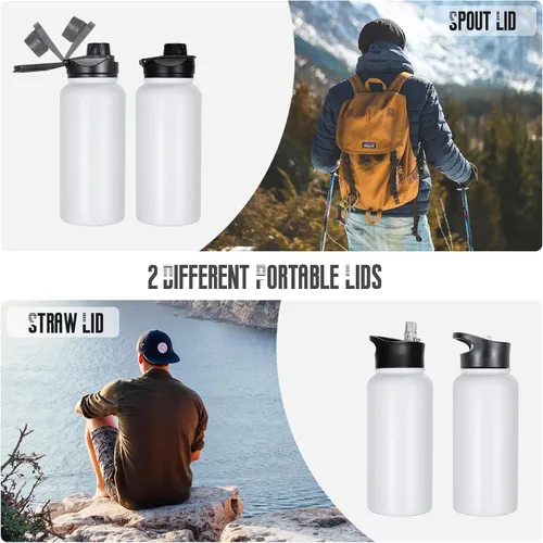 Vista 3 de Paquete de 4 botellas de agua aisladas de 32 onzas, botellas de agua deportivas de acero inoxidable con tapa con popote y tapas de boca ancha, vacío