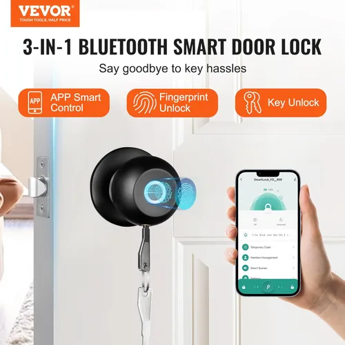 Vista 2 de VEVOR Pomo de puerta inteligente, cerradura inteligente de huellas dactilares con control de aplicación, cerradura biométrica de puerta Bluetooth