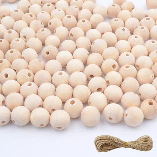 Vista 6 de 350 cuentas de madera de 0.630 in para manualidades con cordel de yute, cuentas redondas de madera natural sin terminar para manualidades, guirnalda
