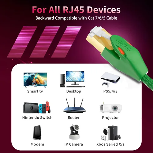 Vista 7 de Adoreen Cable Ethernet CAT 8 de 1 pie, color verde, alta velocidad 40Gbps 2000Mhz Cable de Internet S/FTP blindado 26AWG trenzado resistente RJ45