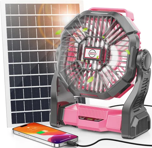 Vista 9 de Ventilador Solar de 20000mAh con Farol LED, Panel Solar Recargable de 10W, Ventilador de Camping Alimentado por Batería para Exteriores, de 9