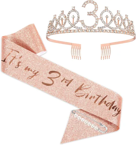 Tiara de cumpleaños de oro rosa, banda y corona para niñas de tercer cumpleaños, suministros de recuerdo de fiesta