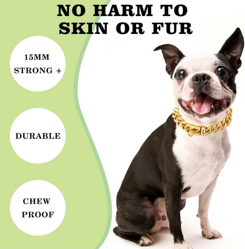 Vista 4 de Collar de perro de acero inoxidable chapado en oro de 18 quilates con cierre de seguridad de 15 mm de eslabones cubanos resistentes para perros