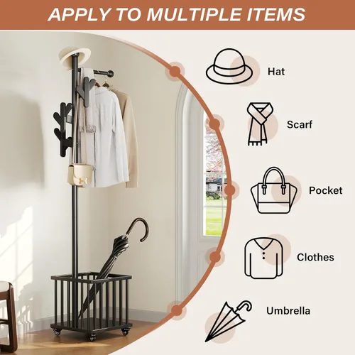 Vista 6 de Heavy Duty Coat Rack with Wheels & Storage Basket - Solid Rubberwood Standing Organizer with 10 Hooks & Locking Casters, Square Laundry Hamper for