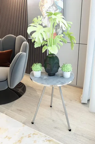 Vista 24 de Juego de 2 mesas auxiliares redondas de madera con aspecto de mármol, mesa auxiliar anidable para espacios pequeños, mesita de noche, mesa de noche