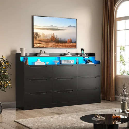 Vista 6 de DurayLoly Cómoda negra para dormitorio con luz LED y estación de carga, moderna cómoda de 9 cajones, soporte de TV para dormitorio, cómoda de madera