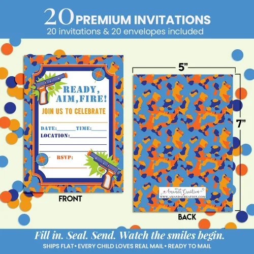 Vista 6 de AmandaCreation - Invitaciones para fiesta de cumpleaños de Dart Gun, 20 tarjetas de relleno de 5 x 7 pulgadas con veinte sobres blancos