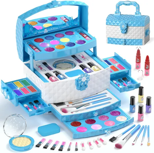 Perryhome Juego de maquillaje para niñas, 56 piezas lavables, cosméticos reales no tóxicos, juguetes de Frozen, kit de maquillaje para niñas