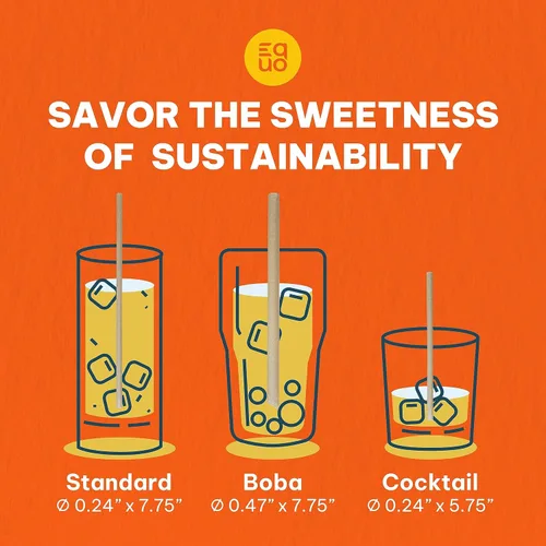 Vista 3 de EQUO Pajitas de caña de azúcar (paquete de 100, estándar), sin plástico, compostables en el hogar, pajitas ecológicas para refrescos, jugos, café