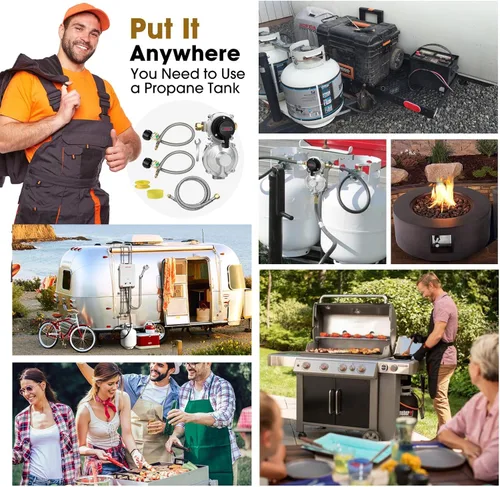 Vista 7 de Regulador de gas propano LP de cambio automático de 2 etapas con 2 paquetes de mangueras de propano RV Pigtail de 18 pulgadas con manómetro + 1
