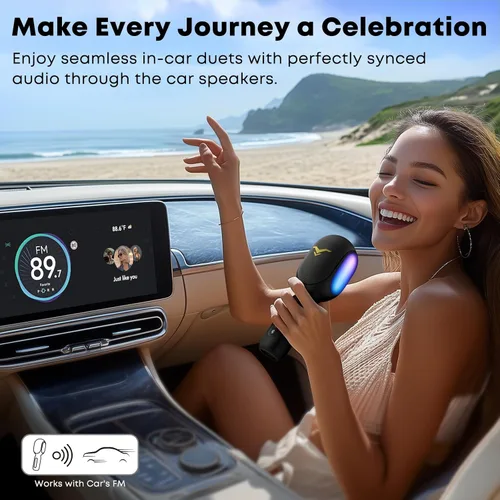 Vista 5 de Micrófono inalámbrico Bluetooth para karaoke, micrófono portátil de 5 en 1 con luces LED, compatible con karaoke en dúo para auto, micrófono