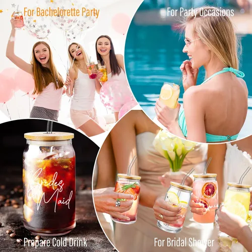 Vista 6 de Inbagi 8 tazas de café helado para regalos de dama de honor con tapas de bambú y popote de vidrio de 16 onzas, vasos con forma de lata de novia
