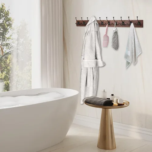 Vista 6 de IBosins Perchero de pared de 34'' con 10 ganchos tri-decorativos, colgador de abrigos de madera resistente, barra de ganchos rústicos para entrada