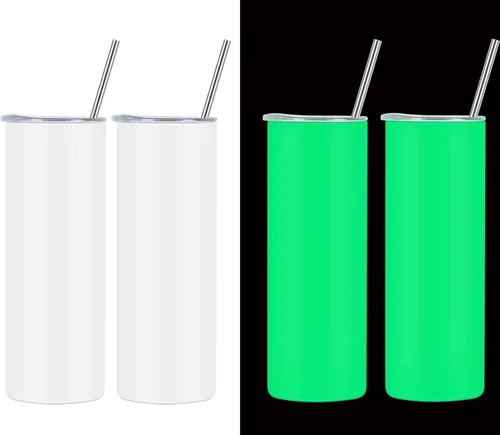Vaso de acero inoxidable que brilla en la oscuridad, 20 onzas, recto, blanco. Paquete de 4 vasos delgados para sublimación. Envoltura de