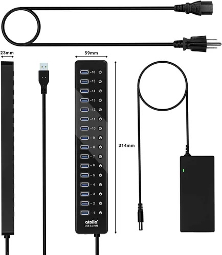 Vista 7 de Hub USB 3.0 de alimentación, divisor USB atolla de 16 puertos con adaptador de corriente de 12 V/6 A e interruptores individuales, transferencia