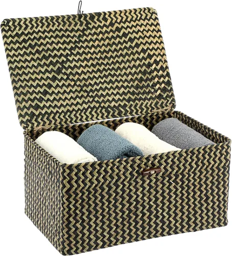 Vista 26 de Hipiwe Cesta de mimbre extra pequeña con tapa, cestas de almacenamiento de hierba marina natural, caja organizadora para el hogar, cesta