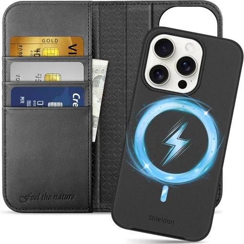 Vista 13 de SHIELDON Funda para iPhone 15 2023, funda de piel auténtica desmontable tipo cartera con función atril, bloqueo RFID, ranuras para tarjetas