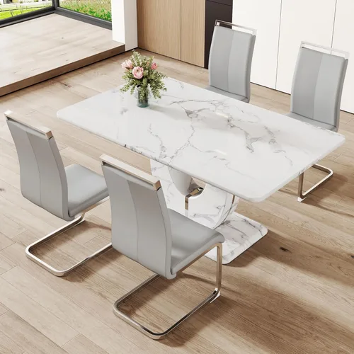 Vista 83 de JUFU Juego de mesa de comedor moderno para 4, juego de mesa de cocina rectangular de 63 pulgadas con mesa de mármol sintético y 4 sillas tapizadas