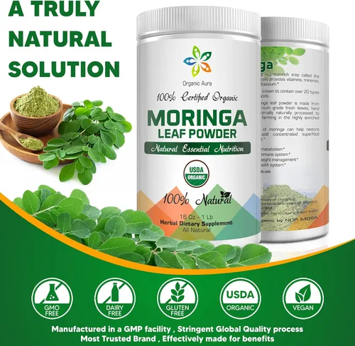 Vista 4 de Cápsulas orgánicas de hoja de moringa Aura 1500 mg - 150 HPMC Veg Nutrición súper alimentaria verde de hojas enteras Aumenta naturalmente