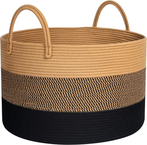 MINTWOOD Design Cesta decorativa extragrande de 22 x 14 pulgadas de cuerda de algodón tejida para sala de estar con asas largas, cesta de lavandería
