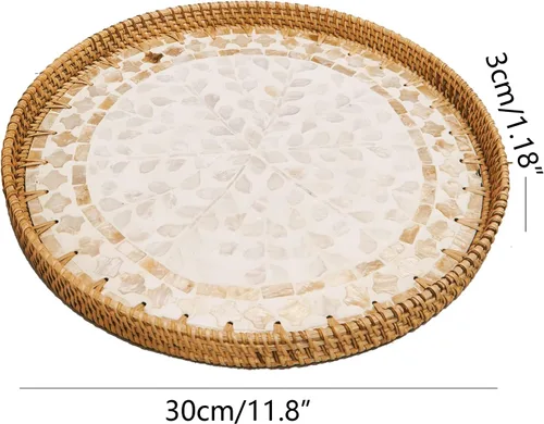 Vista 2 de Cesta redonda de ratán de 12 pulgadas con base de madera de mopa beige, bandeja otomana de mimbre grande con 1 pulgada, platos tejidos