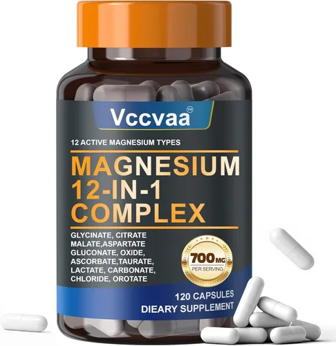 Complejo de magnesio 700mg – Suplemento de magnesio 12-en-1 con glicinato, citrato, malato, óxido, taurato y más – Alta absorción para músculos,