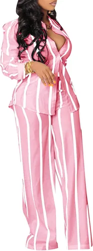 Vista 2 de Elainone Conjunto de 2 piezas para mujer, camisa de manga larga con botones, pantalones largos de pierna ancha con bolsillos