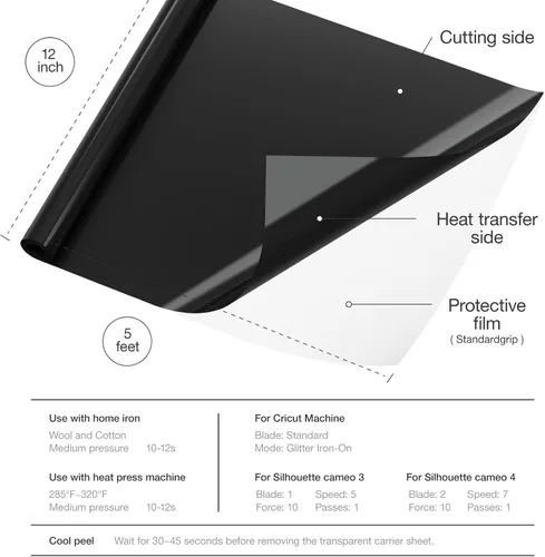 Vista 6 de Xinart Rollo de vinilo negro para planchar de 12 x 5 pies, vinilo de transferencia de calor para camisas, vinilo HTV negro para planchar sobre
