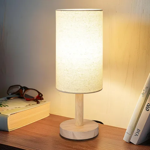 Vista 12 de LALISU Lámpara de mesa pequeña para mesita de noche, pantalla de lino, para dormitorio, base de madera, pequeña lámpara de noche para mesitas