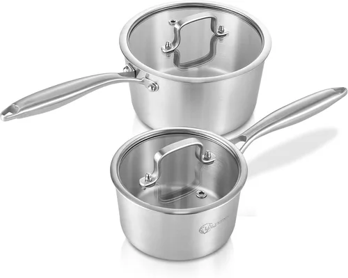 Vista 4 de LOLYKITCH Juego de cacerolas de acero inoxidable de tres capas con tapas de vidrio, ollas de cocina de 1 cuarto y 2 cuartos, sartenes de metal