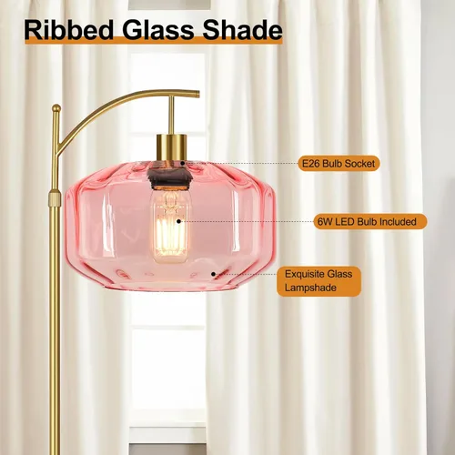 Vista 4 de Lámparas de pie doradas para sala de estar, dormitorio, lámpara de pie de cristal con control remoto y pantalla rosa, lámpara de pie regulable