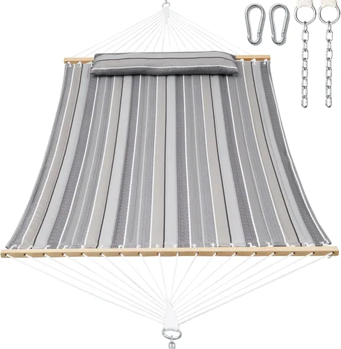 Vista 11 de Gafete Hamacas para 2 personas de 12 pies para exteriores, hamaca de tela doble acolchada para exteriores con barra separadora, almohada extraíble