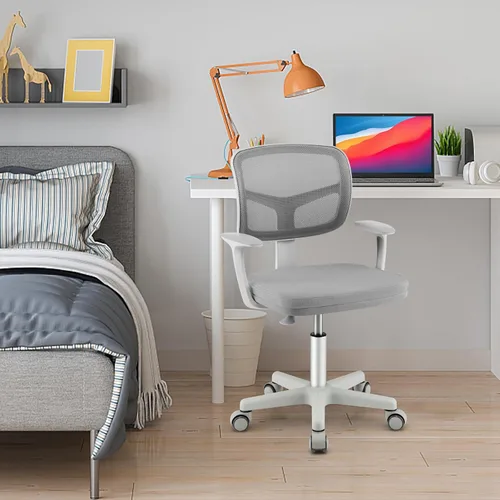 Vista 25 de Silla de escritorio para niños, silla ergonómica giratoria para estudio con soporte lumbar, malla transpirable y ruedas universales, silla de Rosa