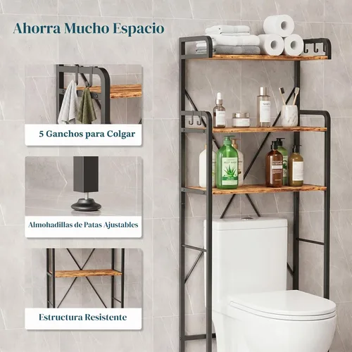 Vista 3 de Gabinete de almacenamiento sobre el inodoro, estante de baño independiente Marrón
