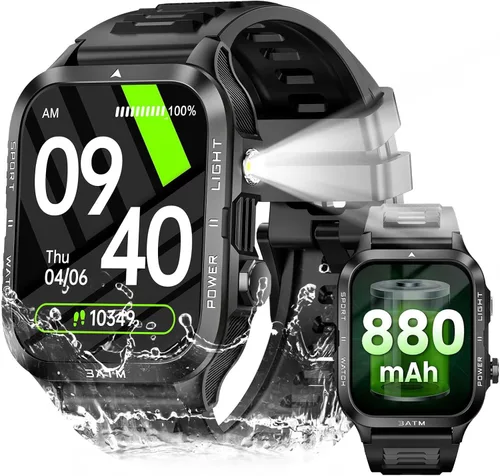 Relojes inteligentes militares para hombres (respuesta/hacer llamadas) con potente linterna de 1.96 pulgadas HD, reloj inteligente táctico al aire