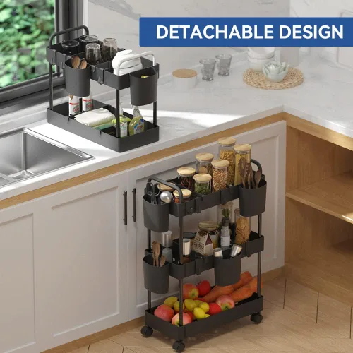 Vista 4 de VANDHOME 3-Tier Slim Storage Utility Rolling Cart with Wheels Multifunction Organizer Slide Out Trolley Cart for Kitchen Bathroom Narrow Places with