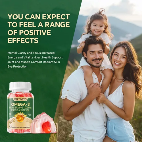 Vista 8 de Gomitas veganas Omega 3 de 1200 mg – Doble capa – Alternativa al aceite de pescado, algas marinas Omega 3 Suplemento DHA 600 mg, EPA 400 mg