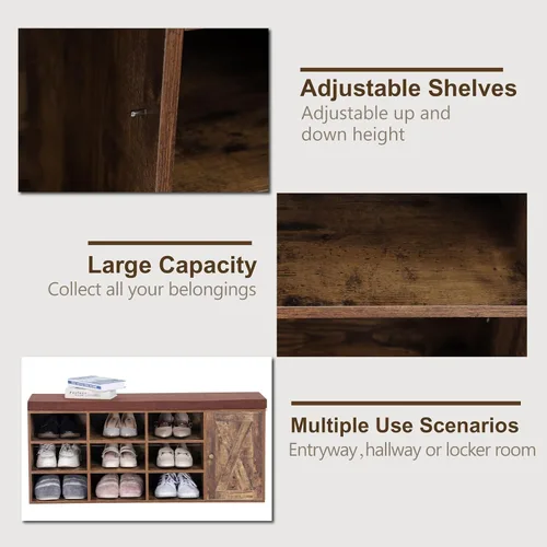 Vista 6 de MFSTUDIO Banco de almacenamiento de zapatos, banco de zapatos con armario de puerta de granero, 9 compartimentos abiertos, cojín de asiento