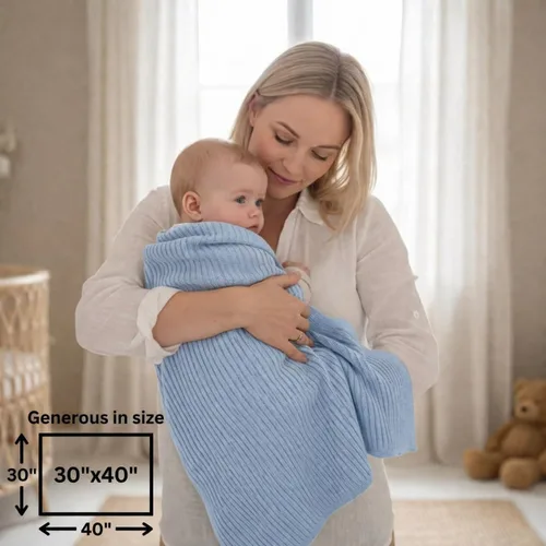 Vista 8 de Knitted Organic Cotton Baby Blanket- Swaddle Blanket, 30" x 40" Soft Ribbed Blanket for Newborn 2-Pack (Baby Blue)