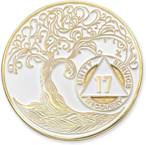 Vista 139 de 1 año Sobriety Mint Twisted Tree of Life Medallón de recuperación AA chapado en oro, chip/ficha - negro