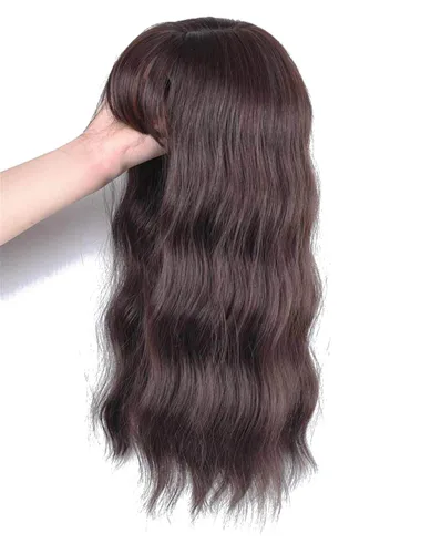 Vista 3 de Peluca de cabello sintético ondulado natural con flequillo y clip para mujeres con cabello delgado, 14 pulgadas, color marrón negro