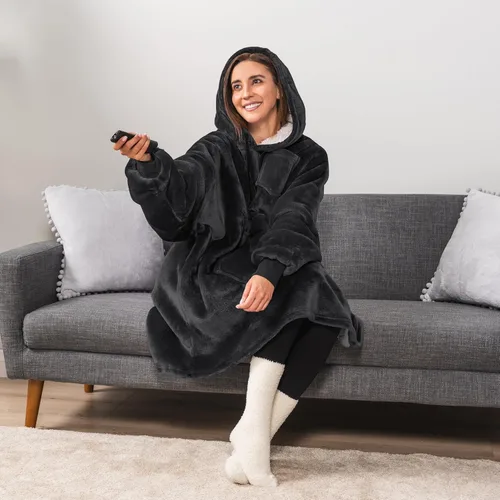 Vista 5 de PAVILIA Manta con Capucha para Mujeres, Manta de Sherpa Usable para Hombres, Sudadera de Gran Tamaño Acogedora, Sudadera con Capucha