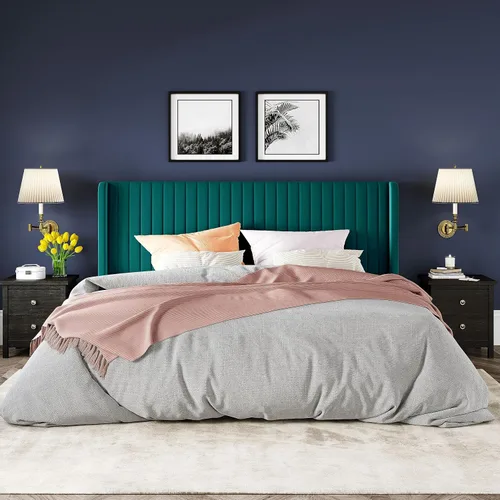 Vista 49 de Allewie Marco de cama de terciopelo tamaño Queen, cabecera capitonada con canal vertical, plataforma tapizada, listones de madera fuertes, no Blanco