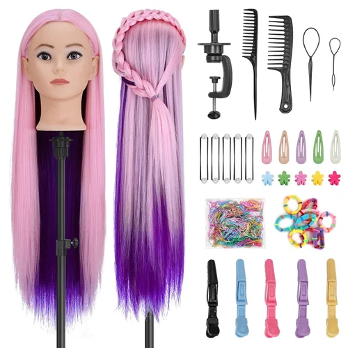 Vista 11 de Cabeza de maniquí de 20 pulgadas con soporte para trípode, 90% cabello real, cosmetología, cabeza de muñeca negra para peluquería práctica trenzada