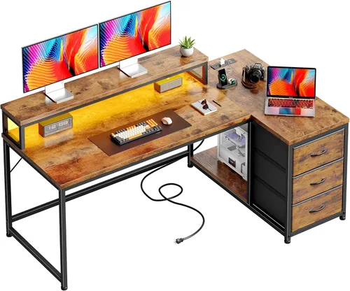 Vista 15 de EnHomee - Escritorio para juegos de 40 pulgadas con 3 cajones de almacenamiento y LED para jugadores adolescentes, escritorio de esquina reversible