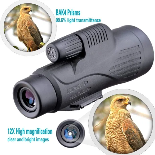 Vista 2 de Telescopio monocular de alta definición de 12 x 50 con soporte para teléfono inteligente, monocular impermeable con prisma BAK4 duradero