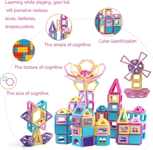 Vista 3 de ASOK Azulejos magnéticos de construcción de castillo 3D, 160 piezas de bloques magnéticos educativos y de desarrollo para niños y niñas de 3, 4, 5